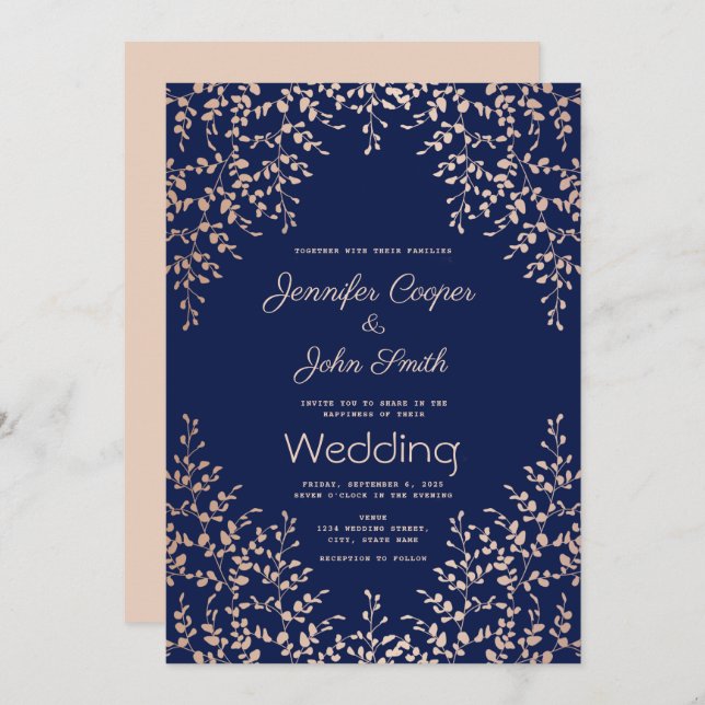 Modern Watercolor Blue Pink Botanical Wedding Invitation (Front/Back)