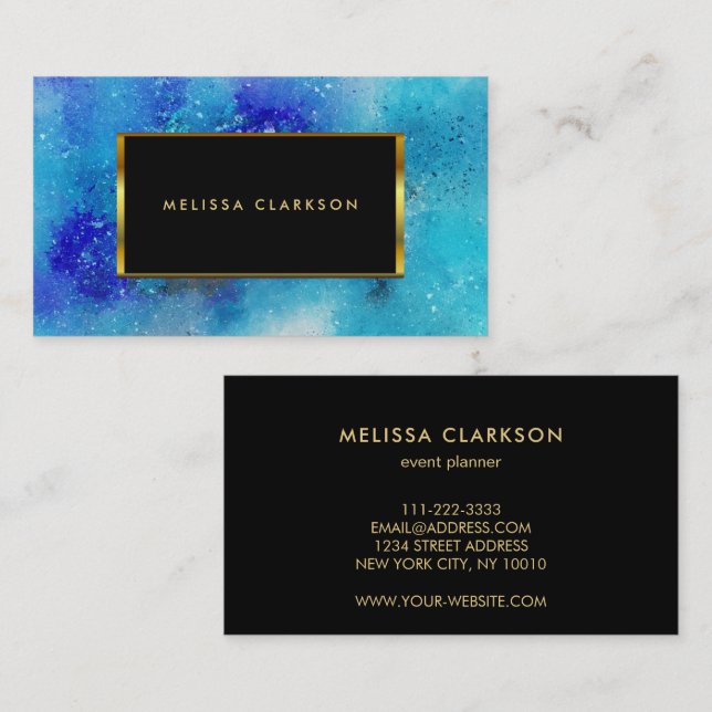 Modern watercolor blue purple splatter gold frame business card (Front/Back)
