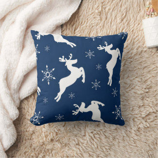 Modern Watercolor Blue Reindeer Snow Christmas Cushion
