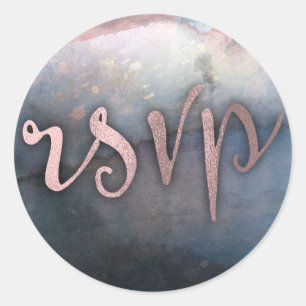 Modern Watercolor Blue & Rose Gold Pink Glam RSVP Classic Round Sticker