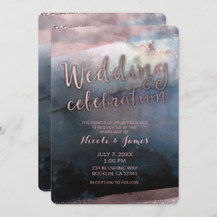 Modern Watercolor Blue & Rose Gold Pink Wedding Invitation