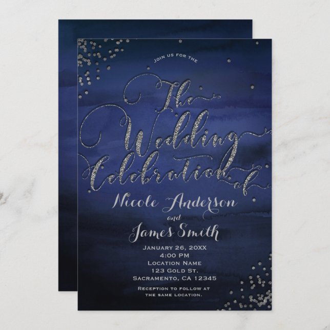 Modern Watercolor Blue Silver Wedding Celebration Invitation (Front/Back)