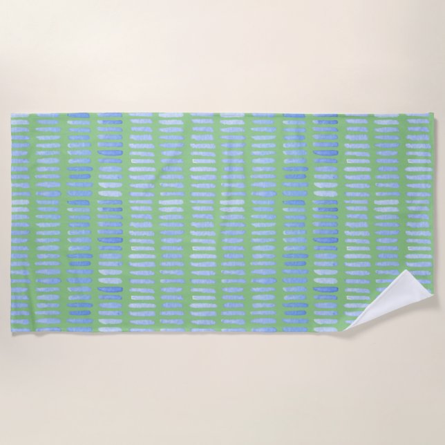 Modern Watercolor Blue Strokes on Green Beach Towel (Front)