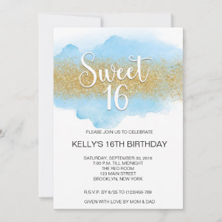 Modern Watercolor Blue Sweet 16 Sixteen Invitation