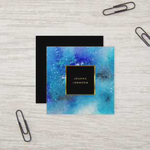 Modern watercolor blue teal splatter gold frame square business card