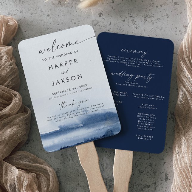 Modern Watercolor | Blue Wedding Program Hand Fan (Creator Uploaded)