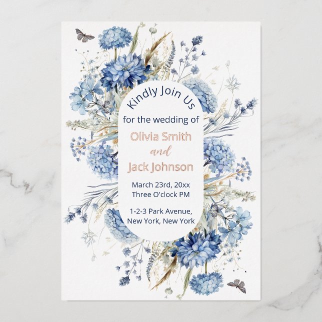 Modern Watercolor Blue Wildflowers Wedding (Front)