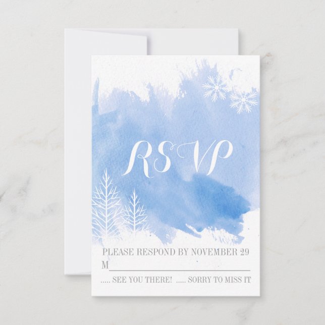 Modern watercolor blue winter wedding RSVP reply (Front)