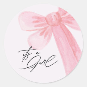 Modern Watercolor Blush Pink Bow Its a Girl  Classic Round Sticker