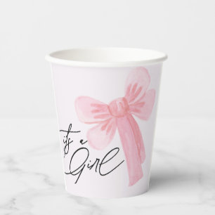 Modern Watercolor Blush Pink Bow Its a Girl  Paper Cups