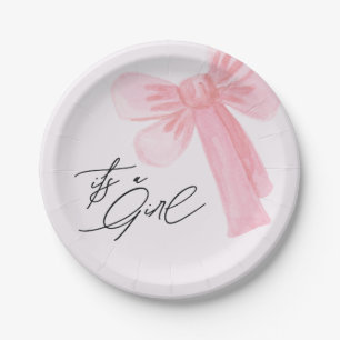 Modern Watercolor Blush Pink Bow Its a Girl Paper Plate