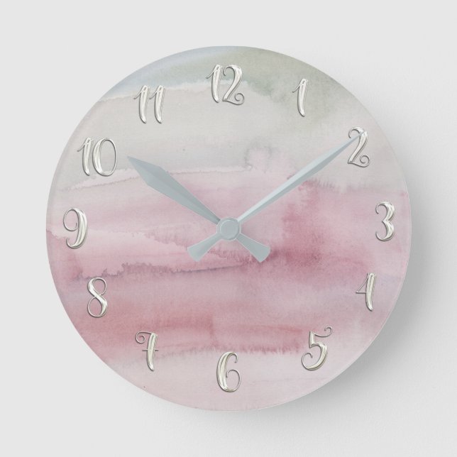 Modern Watercolor Blush Pink Grey Glam Custom Round Clock (Front)
