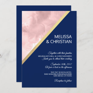 Modern Watercolor Blush Pink & Navy Blue Wedding Invitation