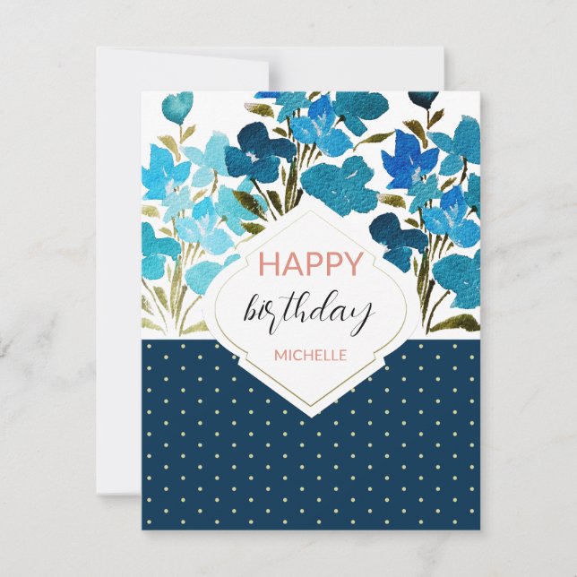 Modern Watercolor Boho Blue Flural Hand-painted Card (Front)