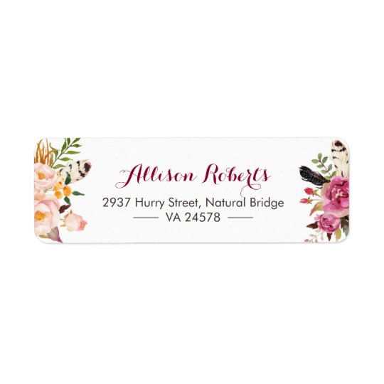 Modern Watercolor Boho Feathers Tribe flowers Return Address Label