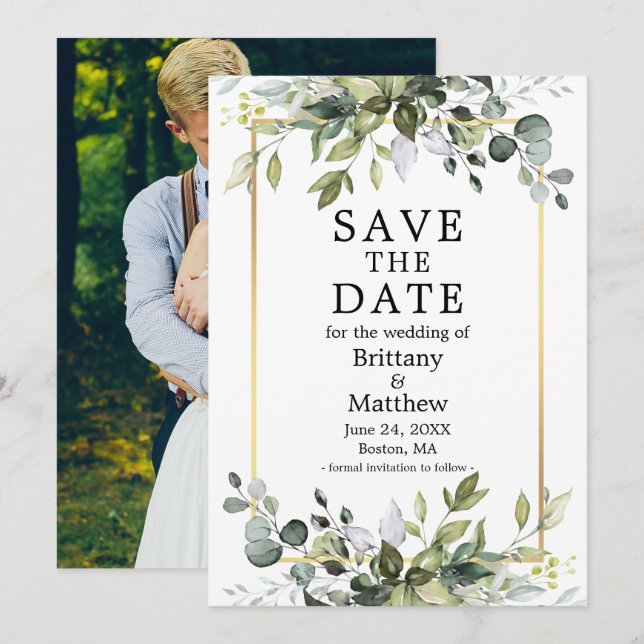 Modern Watercolor Botanical Greenery Photo Gold Save The Date (Front/Back)
