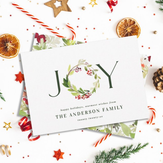 Modern watercolor botanical joy chic elegant holiday card (Creator Uploaded)