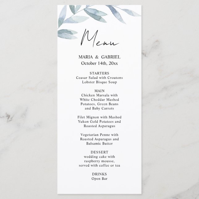 Modern watercolor branch. Airy Wedding Menu Card (Front)