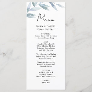Modern watercolor branch. Airy Wedding Menu Card
