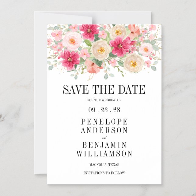 Modern Watercolor Bright Pink Floral Wedding Magnetic Invitation (Front)