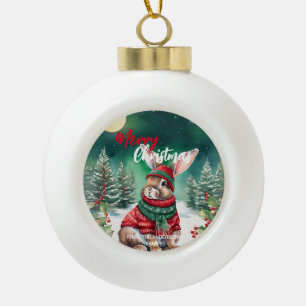 Modern watercolor Bunny rabbit Christmas tree Snow Ceramic Ball Christmas Ornament
