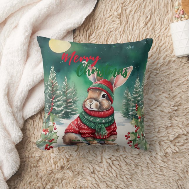 Modern watercolor Bunny rabbit Christmas tree Snow Cushion (Blanket)