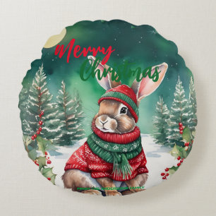 Modern watercolor Bunny rabbit Christmas tree Snow Round Cushion