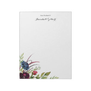 Modern Watercolor Burgundy Blue Floral Greenery Notepad