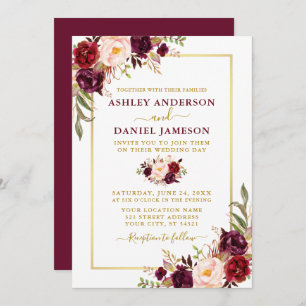 Modern Watercolor Burgundy Floral Gold Wedding Invitation