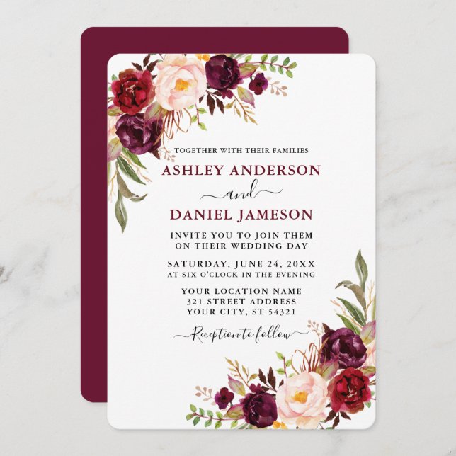Modern Watercolor Burgundy Floral Greenery Wedding Invitation (Front/Back)