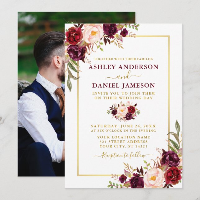Modern Watercolor Burgundy Floral Photo Wedding Invitation (Front/Back)