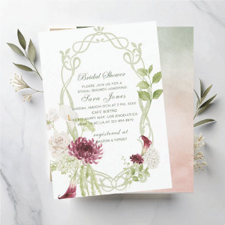 Modern Watercolor burgundy green flowers Bridal Sh Invitation
