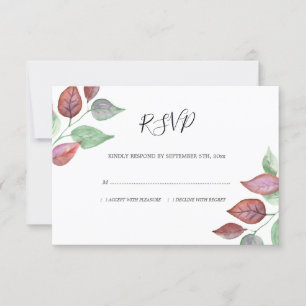 Modern Watercolor Burgundy Leaves Foliage Wedding RSVP Card