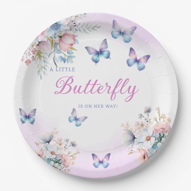 Modern Watercolor Butterfly Floral baby shower Paper Plate (Front)