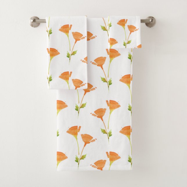 Modern Watercolor California Poppies Pattern   Bath Towel Set (Insitu)
