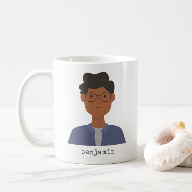 Modern Watercolor Cartoon Man Portrait Custom Coffee Mug (With Donut)