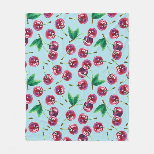 Modern Watercolor Cherries: Juicy Berry Pattern Fleece Blanket (Front)