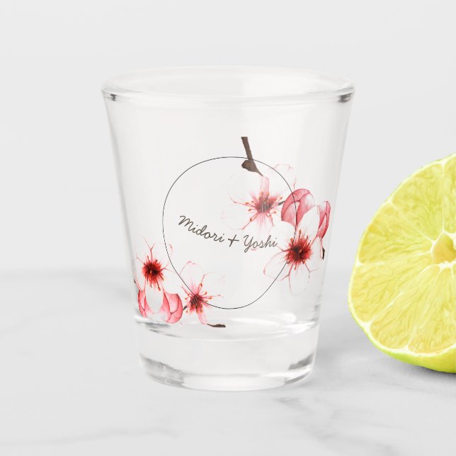 Modern Watercolor Cherry Blossoms Flower Wedding Shot Glass (Front)