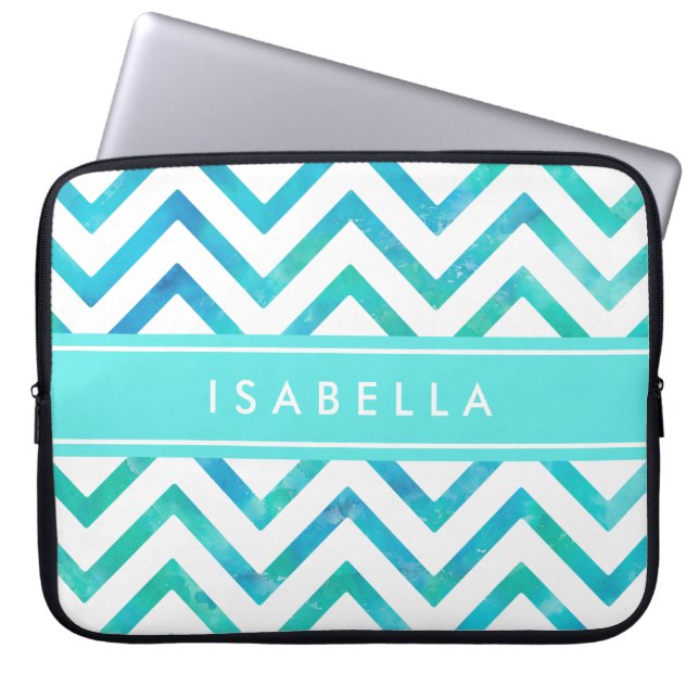 Modern  Watercolor Chevron Pattern Blue and White Laptop Sleeve (Front)