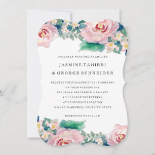 MODERN Watercolor Chic Wide Stripes w Roses Invitation