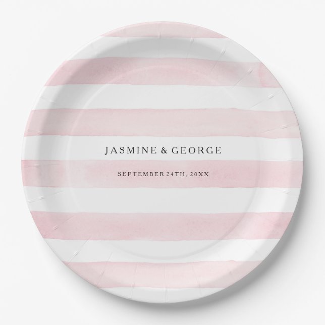 MODERN Watercolor Chic Wide Stripes w Roses Paper Plate (Front)