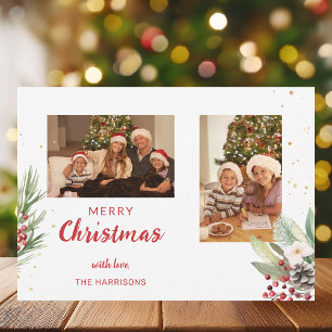 Modern Watercolor Christmas Botanical Two-Photo  Holiday Card