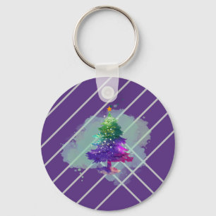 Modern Watercolor Christmas colorful Pine Tree Key Ring