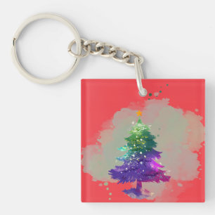 Modern Watercolor Christmas colourful Pine Tree Key Ring