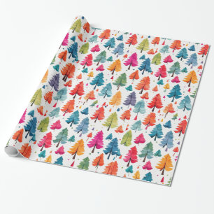 Modern Watercolor Christmas Colourful Pine Trees Wrapping Paper