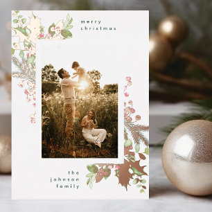 Modern Watercolor Christmas Florals and Rose Gold Foil Holiday Card