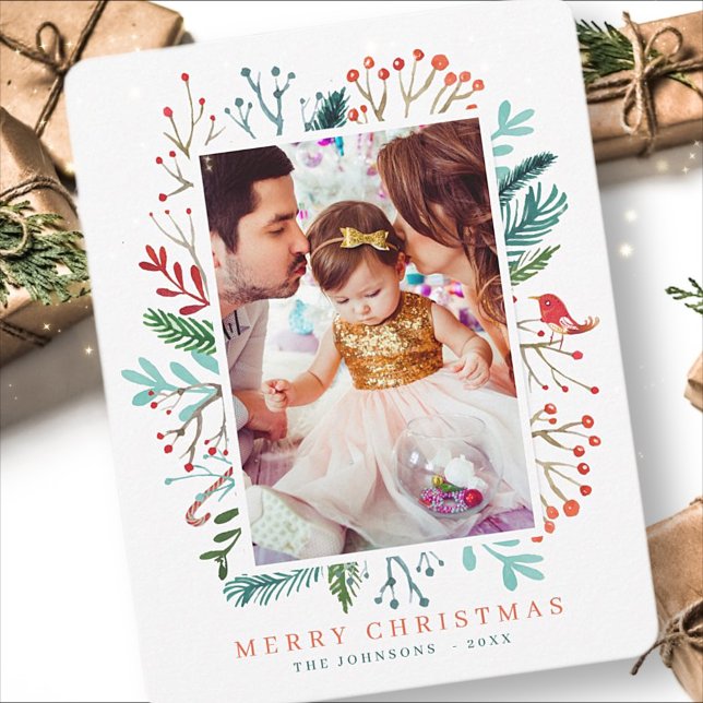 Modern Watercolor Christmas Foliage Botanicals Holiday Card (Creator Uploaded)