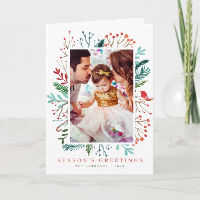 Modern Watercolor Christmas Foliage Botanicals Holiday Card (Front)