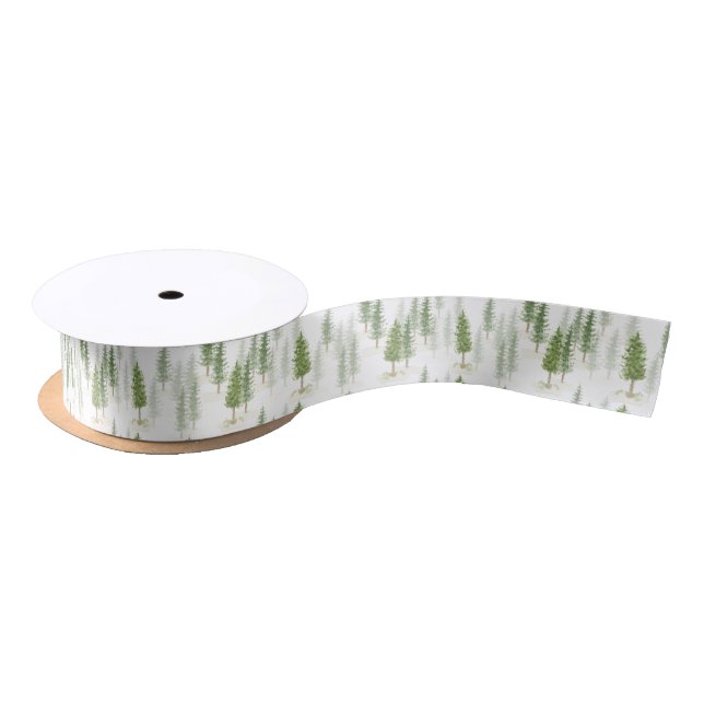 Modern Watercolor Christmas Holiday Green Trees  Satin Ribbon (Spool)