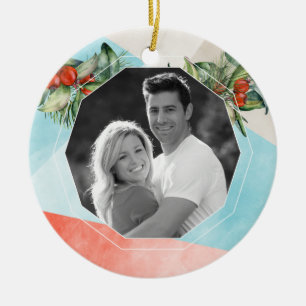 Modern Watercolor Christmas Photo Ceramic Ornament